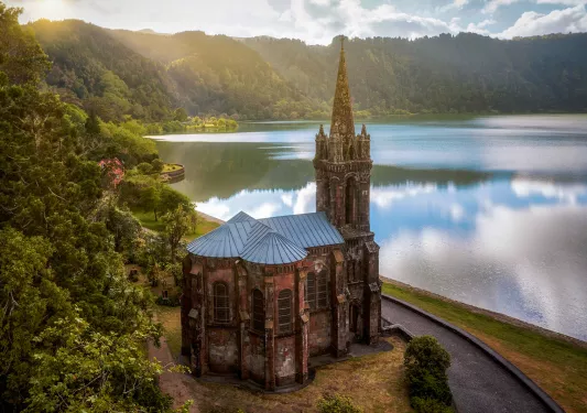 Capela de Nossa Senhora das Vitorias Church next to Volcano Crater on Sao Miguel, Azores, Portugal.