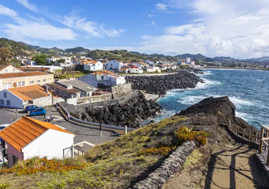 View on Ponta Delgada city and Atlantic ocean coast on Sao Miguel island, Azores, Portugal