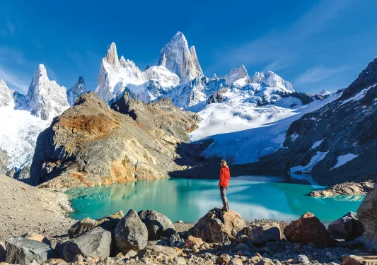Clear blue lake in Patagonia mountains.