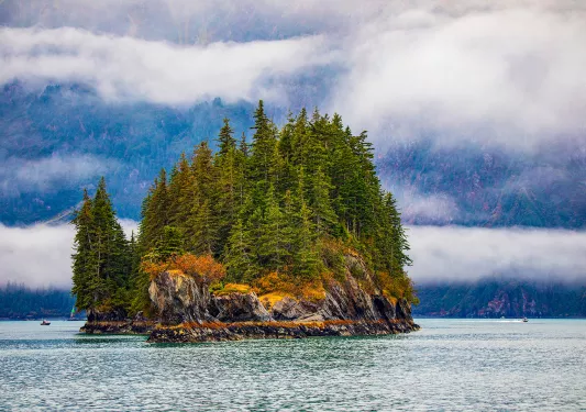 Wide shot of small rocky, tree covered island among foggy lake.