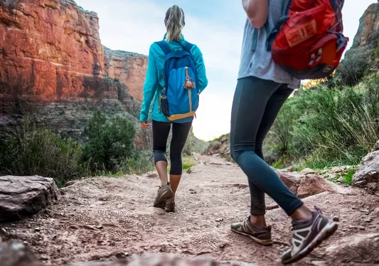 Two guests walking down desert trail, orange cliffs, bushes beside them.
