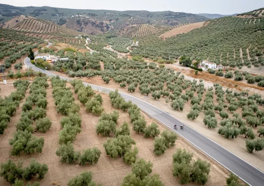 Aerial view of bikers in Andalucia, Spain.