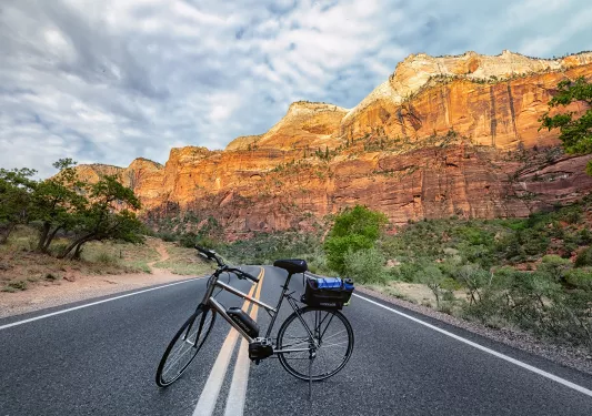 Bike shot no rider with canyon in backdrop