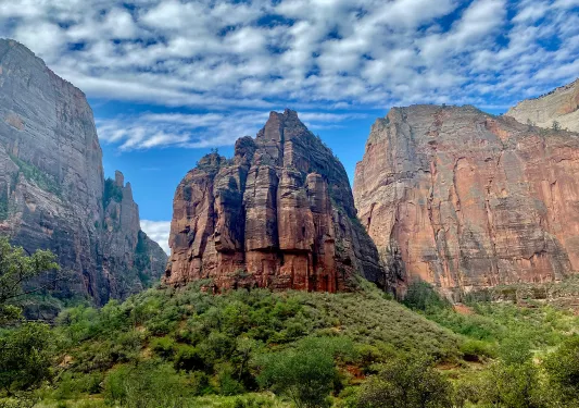 Wide shot of cliffs in Zion, clouds, bushes, etc.