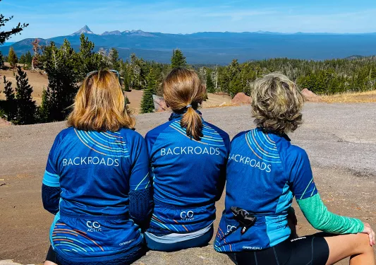 Three guests with their backs turned, overlooking forest.