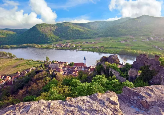 Aerial view of Durnstein, Austria, Wachau Valley, Danube River.