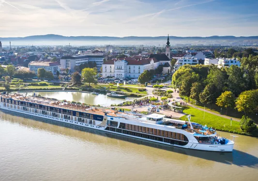 Aerial view of the AmaLea cruise ship on the Danube river.