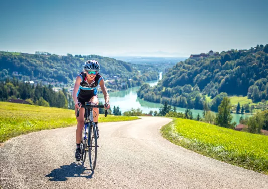 Biker riding up a hill with lush European countryside landscape in background.