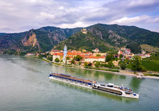 Aerial view of the Amareina cruise ship on the Danube river.