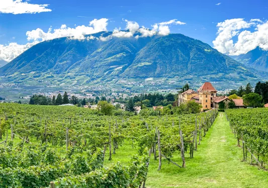 Wide shot of Ramez Castle, large mountain in background.