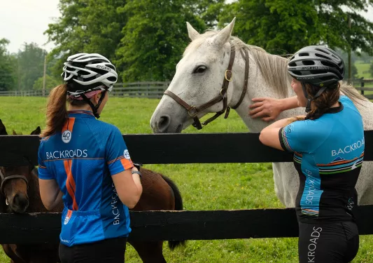 Two guests in bike gear petting white horse.