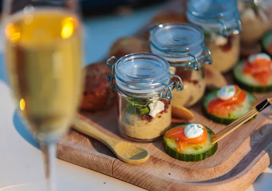 Close-up of hors d'oeuvres, champagne.