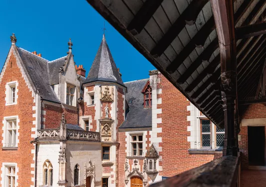 POV shot on balcony in the Château du Clos Lucé. Old, red brick building.