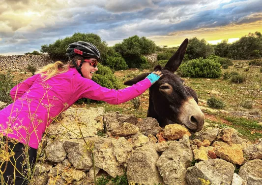 Biker petting a donkey in a field.