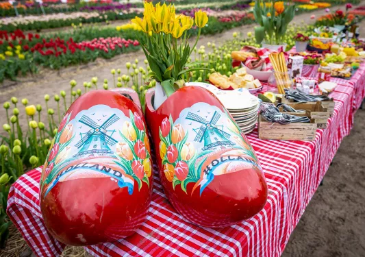 Shot of lunch spread, large clogs, flower beds in background.