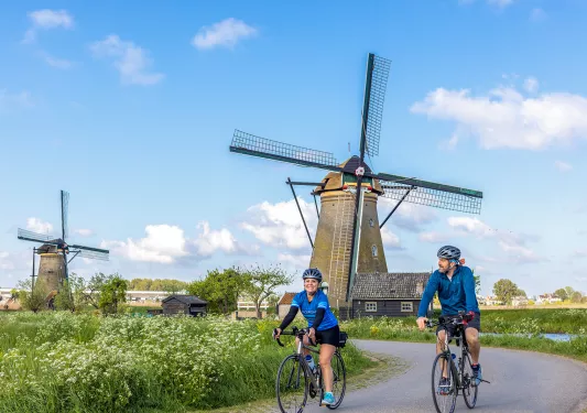 Guests riding past windmills