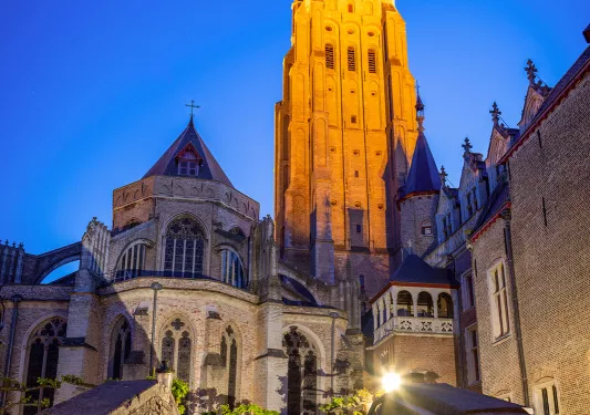 Nighttime shot of the Church of Our Lady in Bruges.