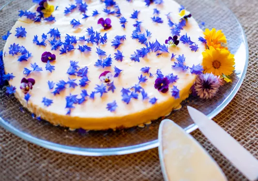 Beautiful pastry decorated with fresh, edible flowers