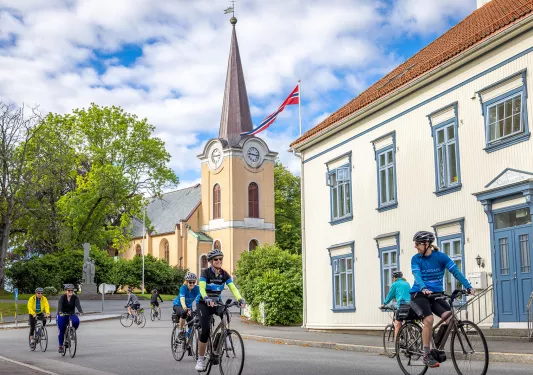 Bikers riding through a Norwegian town