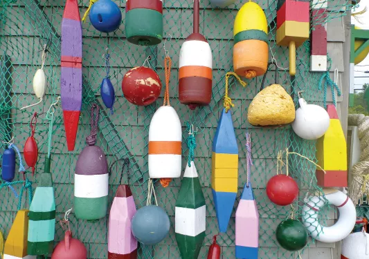 Shot of numerous different styles and colors of buoys.