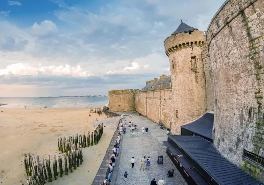 Saint Malo beach and City Medieval Architecture During Low Tide. Brittany, France