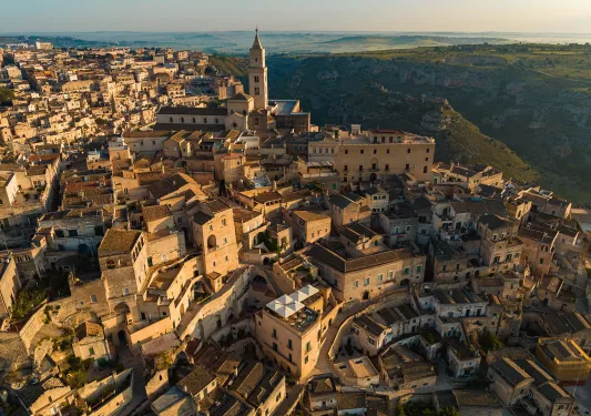 Wide shot of Matera, Italy.