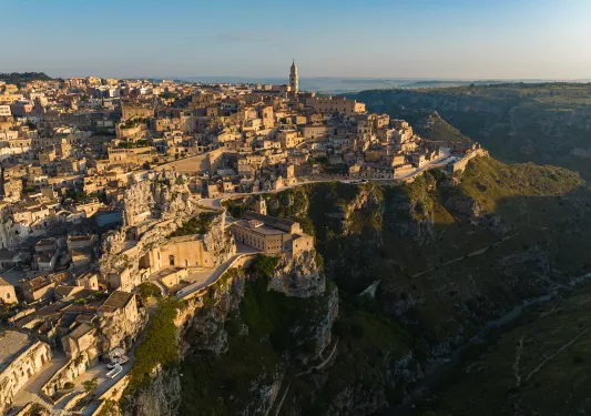 Bird's eye shot of Matera, Italy.