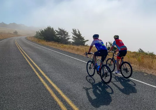 Two guests cycling up foggy road.