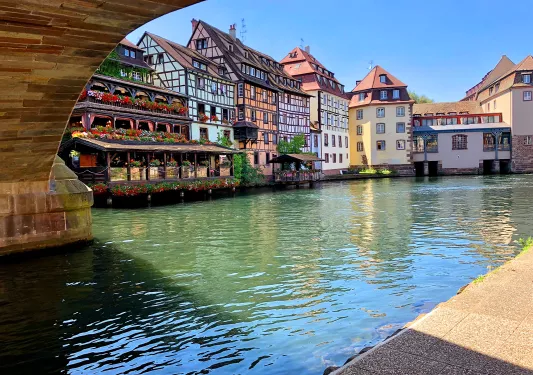 Europe river and local town shot