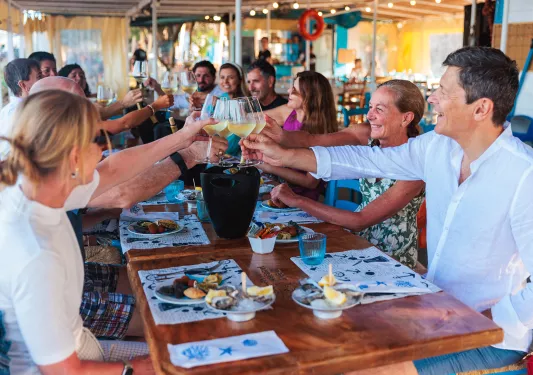 Guests at meal, cheersing wine glasses.