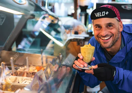 Biker posing with gelato.