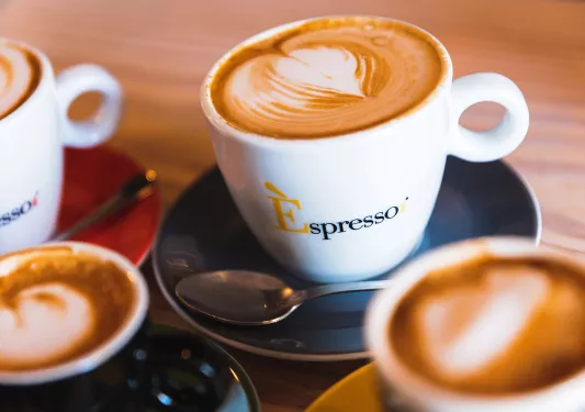 Close-up of cappuccinos in mugs.