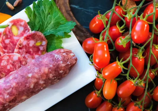Cherry tomatos and salami.