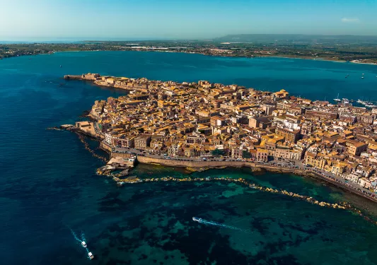 Bird's eye shot of Ortigia Island peninsula. 