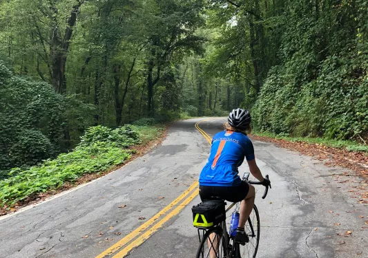 Guest biking down shady, forested road.