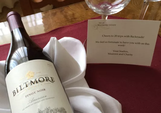 Close-up of Biltmore wine bottle and glasses.