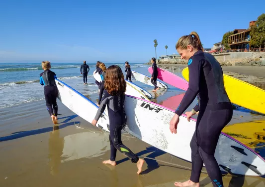 Group of guests with surfboards, walking out to ocean.
