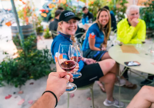Guests cheersing wine glasses, POV shot.