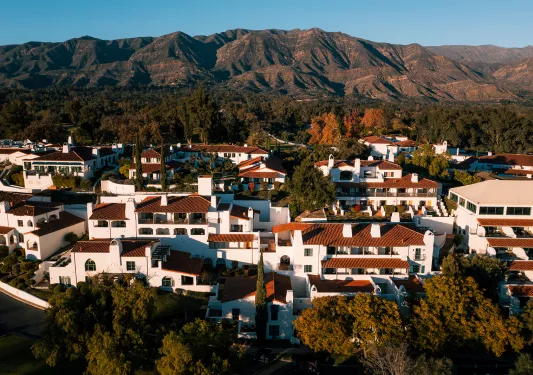 Bird's eye shot of the Ojai Valley Inn during sunset.