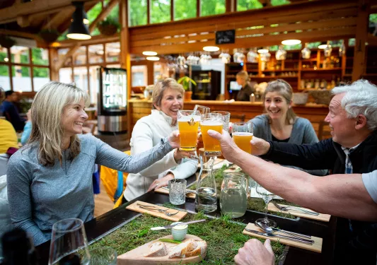 Five guests at meal, cheersing beer glasses.