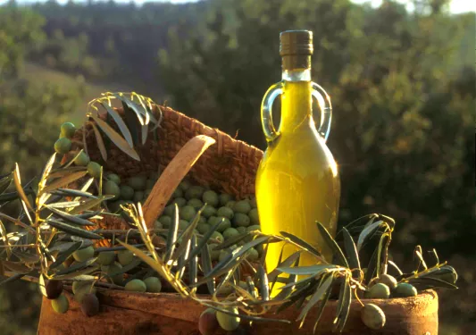 Close up of olives and bottle of olive oil.