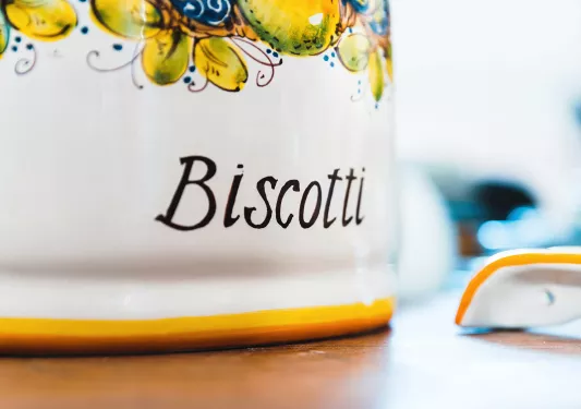 Close-up of biscotti jar.
