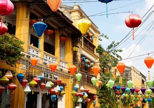Lanterns hung above a street in Hanoi, Vietnam