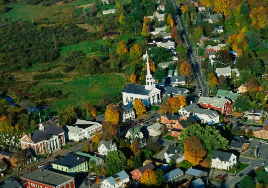 Wide shot of Vermont town.