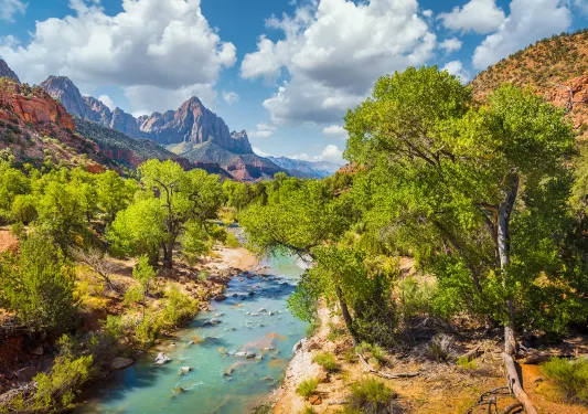 Wide shot of desert valley, blue stream, trees, cloudy sky.