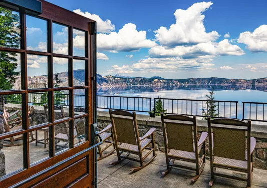 Wide shot of the view at The Crater Lake Lodge.