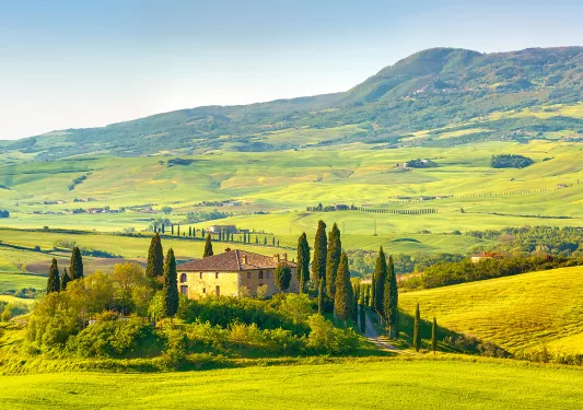 Wide shot of Tuscan countryside.