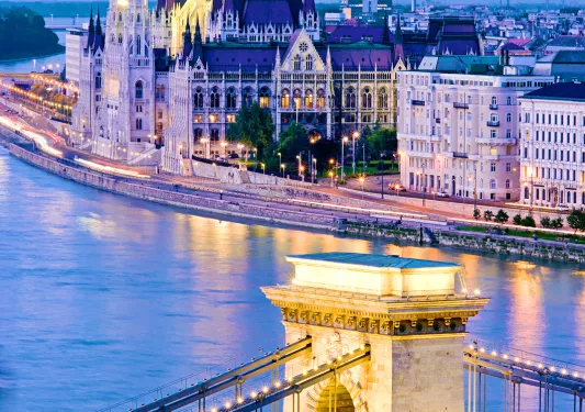View of Hungarian Parliament building at night.