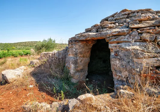 Shot of craggy stone hut, desert shrubbery around it.