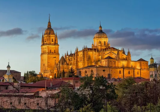 Wide shot of the Salamanca Cathedral at nighttime, light illuminating it.